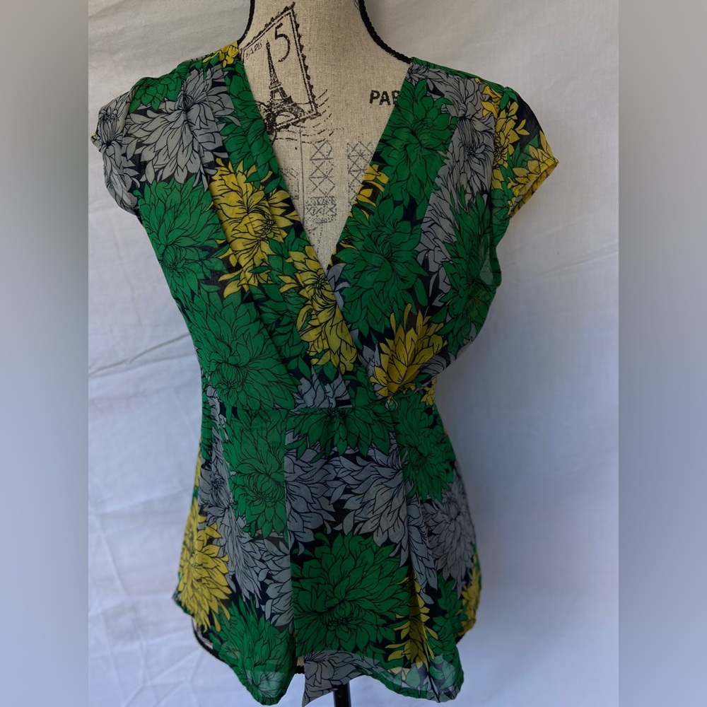 Banana Republic Floral Wrap Blouse - Green, Yellow, Gray
